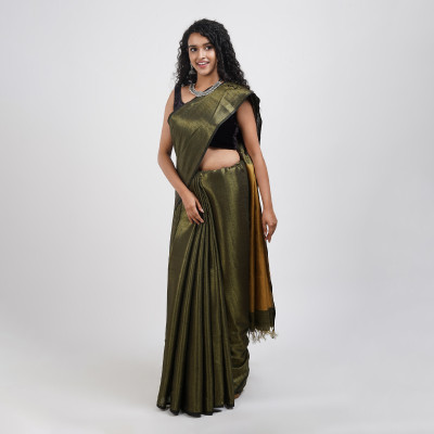 Teejh Solid/Plain Handloom Tissue Saree(Black)