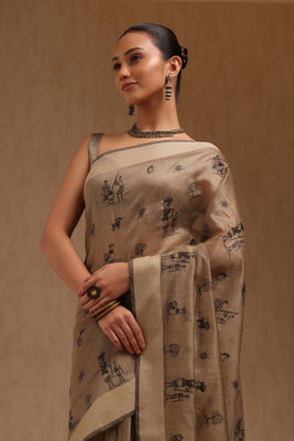 soch Printed Saree with Attached Blouse Chanderi Saree(Beige)