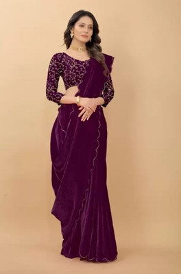 Krisha Fashion Solid/Plain Bollywood Velvet Saree(Purple)