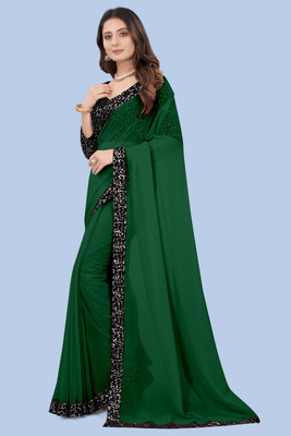 Meaven feb Solid/Plain Bollywood Georgette Saree(Green)
