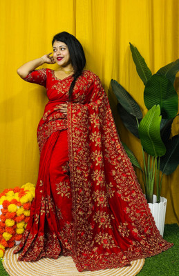 veerlaxmi Embroidered Saree with Attached Blouse Cotton Silk Saree(Red)