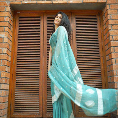AMRUTKALA SAREES Woven Banarasi Silk Blend Saree(Light Blue)