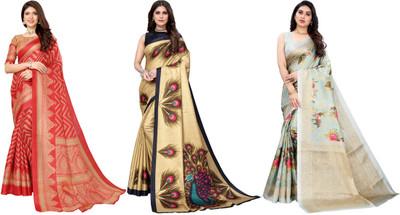 YASHIKA Printed Kanjivaram Art Silk Saree(Pack of 3, Red, Gold, Light Blue)