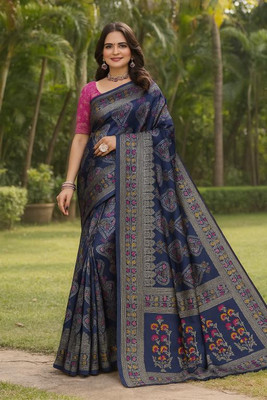 VKARAN Woven Kanjivaram Art Silk Saree(Dark Blue)