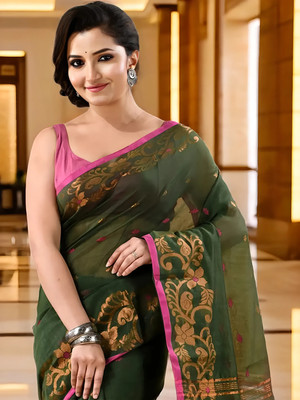 TANTLOOM Self Design Bollywood Cotton Silk Saree(Dark Green)