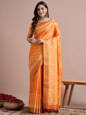 Sareemall Printed Chinnalapattu Cotton Blend Saree(Orange)