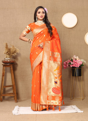 Yogik Creation Floral Print Paithani Silk Blend Saree(Orange)