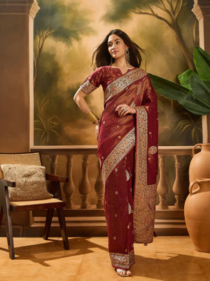 Sangria Self Design Saree with Attached Blouse Silk Blend Saree(Maroon)