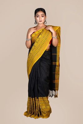 SUSHRITA BOUTIQUE Woven Handloom Cotton Blend Saree(Black, Yellow)