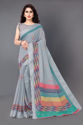 MIRCHI FASHION Printed, Blocked Printed Daily Wear Cotton Blend Saree(Multicolor, Grey)