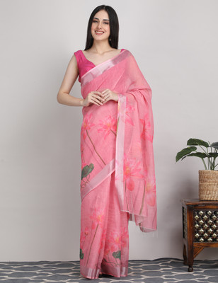 Tantvi Printed Daily Wear Cotton Linen Saree(Pink)
