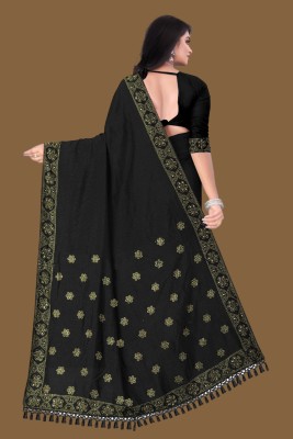 Rudra Fab Woven Bhagalpuri Chanderi, Art Silk Saree(Black)