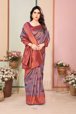 HouseOfCommon Woven, Geometric Print, Floral Print Kanjivaram Pure Silk, Silk Blend Saree(Light Blue, Magenta)