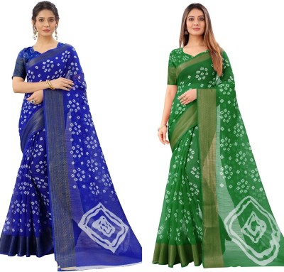 Ditvi Trenz Printed Bandhani Pure Cotton Saree(Pack of 2, Green, Blue)