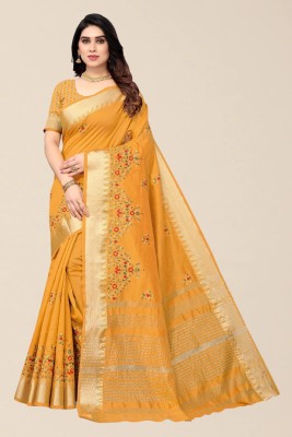 Divastri Self Design, Printed, Embroidered, Woven Bollywood Jacquard, Cotton Silk Saree(Yellow)