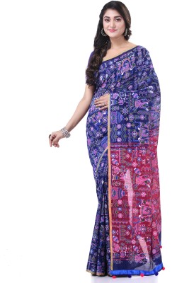 Desh Bidesh Printed Handloom Cotton Blend Saree(Blue, Pink)