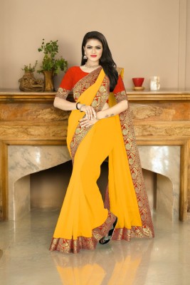 Volmina Solid/Plain Chanderi Cotton Blend Saree(Yellow)