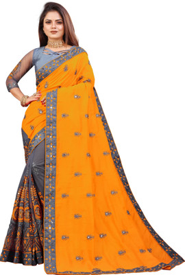 MURTHIRUPI Embellished Bollywood Net Saree(Mustard)