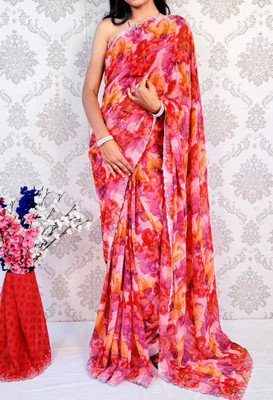 SILKSHOW Floral Print Bollywood Georgette Saree(Red)
