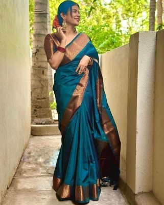 VISVASTA Embroidered, Self Design, Woven, Printed, Temple Border, Striped Daily Wear Jacquard, Art Silk Saree(Light Blue)