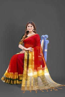 Aarunika MNT Solid/Plain Bollywood Organza Saree(Red)