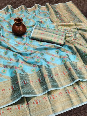 KRIYANSH Woven, Printed, Applique, Embellished Banarasi Cotton Silk, Jacquard Saree(Light Blue)