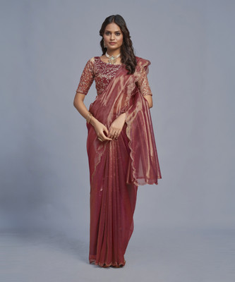 LADY SHOPI Solid/Plain Bollywood Organza Saree(Maroon)