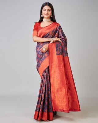 Aadvika Woven Banarasi Jacquard, Silk Blend Saree(Dark Blue, Red)