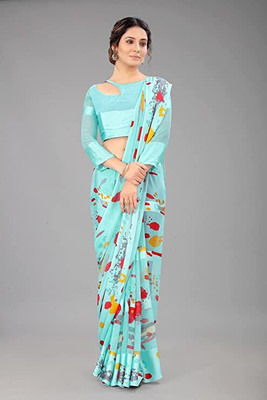 HouseOfCommon Applique Daily Wear Georgette Saree(Light Blue)