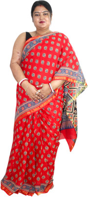 Generative Floral Print Chanderi Pure Cotton Saree(Red)
