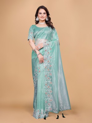 Tejal Creation Embroidered Bollywood Organza Saree(Light Green)