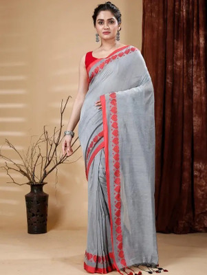 makalitraders Solid/Plain Handloom Cotton Blend Saree(White)