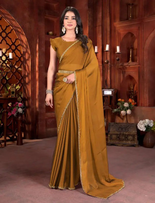 OnlllineBazaaar Embellished, Embroidered, Solid/Plain Bollywood Chiffon, Pure Silk Saree(Gold)