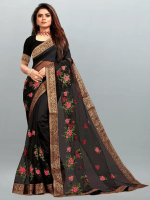 karkar Embroidered Banarasi Net Saree(Black)