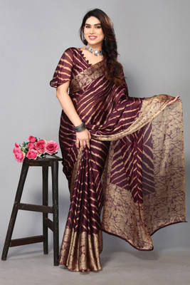 FABMORA Printed, Striped Leheria Chiffon, Georgette Saree(Purple)