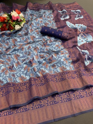 SMARTLOOKS Printed Banarasi Cotton Silk Saree(Blue)