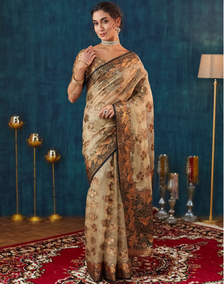 Satrani Woven, Embellished Banarasi Organza Saree(Black, Beige)
