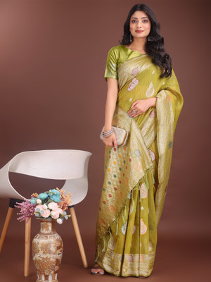 Tasrika Woven Banarasi Cotton Linen Saree(Green)