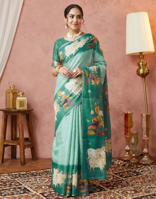 Samah Animal Print, Printed Handloom Cotton Silk Saree(Green)