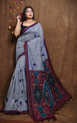 ANU INDIAN FASHION Woven Handloom Cotton Blend Saree(Grey)