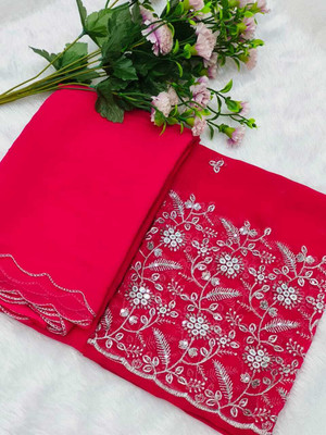 STITCH N SOLUS Solid/Plain, Embroidered, Self Design Daily Wear Georgette, Chiffon Saree(Pink)