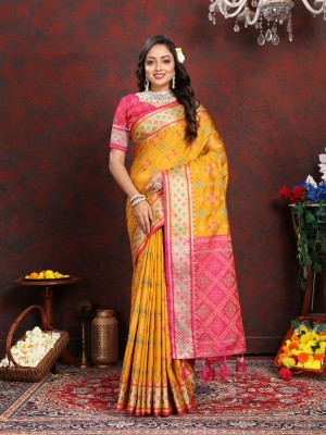 YUG ART Woven Patola Silk Blend Saree(Yellow)