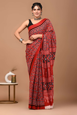 Printed Threads Printed Daily Wear Pure Cotton Saree(Red)