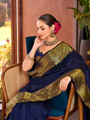 SUDIPTA Woven, Embellished, Self Design Banarasi Pure Silk Saree(Dark Blue)