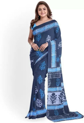 Kiaaron Hand Painted, Printed, Self Design, Blocked Printed Ikkat Pure Cotton Saree(Grey)