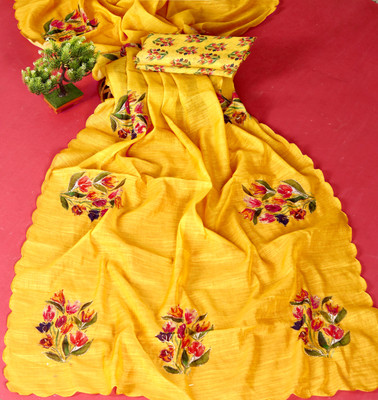 pari creation Printed Bollywood Cotton Linen Saree(Yellow)