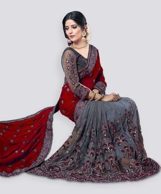 b bella creation Embellished Bollywood Net Saree(Maroon, Grey)