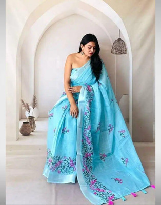 Mokshit Printed Bollywood Cotton Linen Saree(Blue)