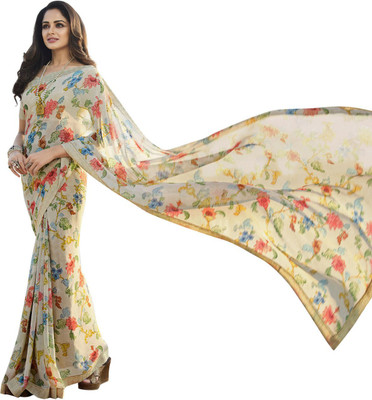 RAJESHWAR FASHION Printed Bollywood Georgette Saree(White, Multicolor)