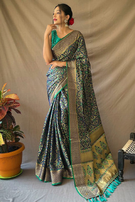 VM Selling Hub Woven, Self Design Patola Pure Silk Saree(Dark Blue)